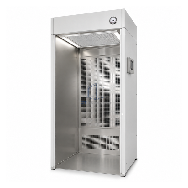 STjh compact 1300 mm pharmaceutical weighing booth with H14 ceiling supply and perforated rear return wall