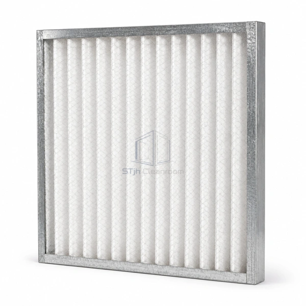 STJH-PLEATED-PRE-FILTER-COARSE65-48 shallow galvanized prefilter with wire-backed pleats on white