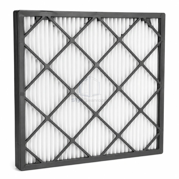 STJH-PLEATED-PRE-FILTER-HUMID-48 plastic-frame pleated prefilter with diagonal support lattice on white