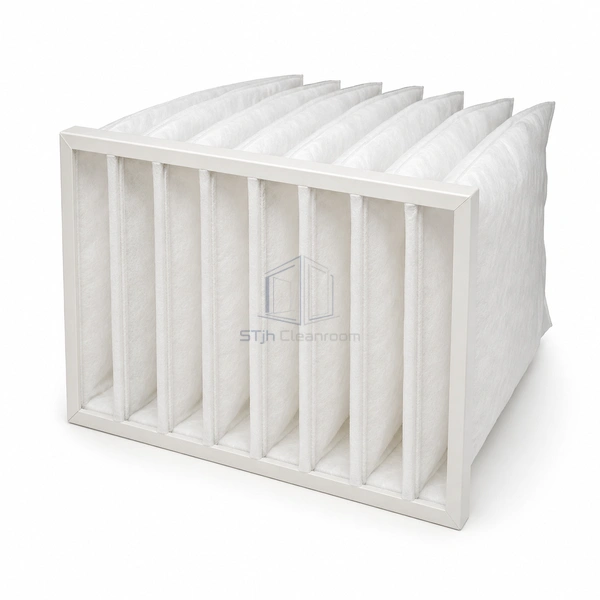 STJH-POCKET-FILTER-EPM10-592X592X650 eight-pocket synthetic air filter with a square inlet header on white