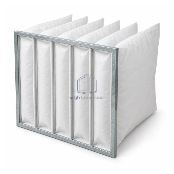 STJH-POCKET-FILTER-EPM25-592X592X650 six-pocket white synthetic bag filter on a white background