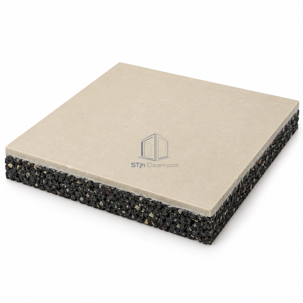 STJH AP80 acoustic polyurethane floor sample showing a black rubber pad beneath resin layers at the cut edge on white
