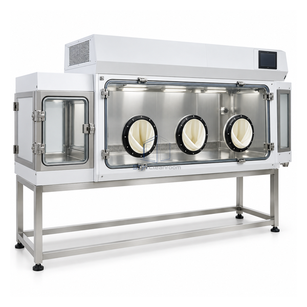 STjh 1305 mm main-chamber positive-pressure isolator with a wider pass-through