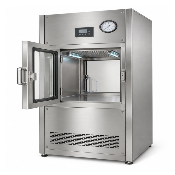 STjh compact 400 mm positive-pressure clean transfer box with HEPA plenum, ceiling diffuser and twin UV lamps
