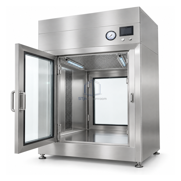 STjh medium 600 mm positive-pressure clean transfer box with broad HEPA housing and vertical return-air channel