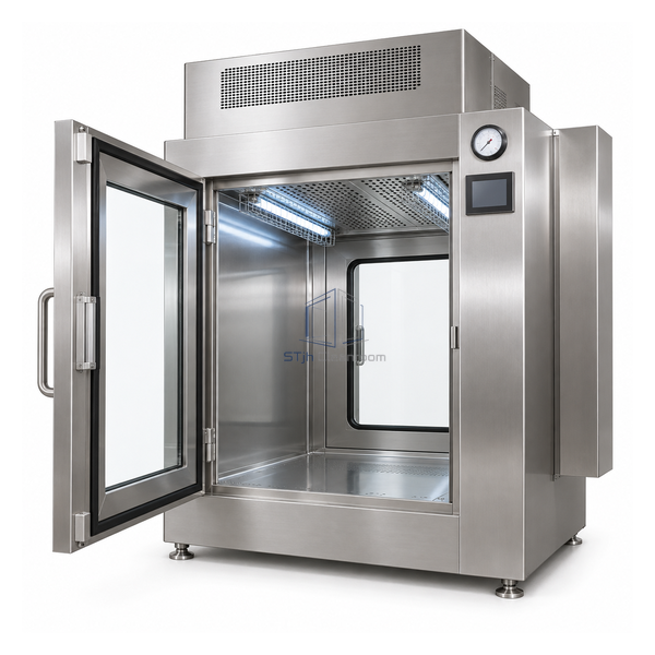 STjh large 800 mm positive-pressure clean transfer box with wide HEPA blower housing and long guarded UV fixtures