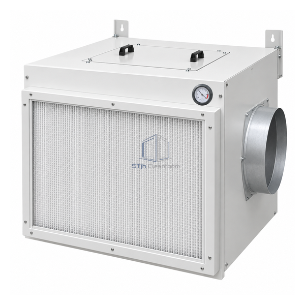 STjh 300 CFM positive-pressure HEPA supply module with broad diffuser, duct collar and pressure gauge