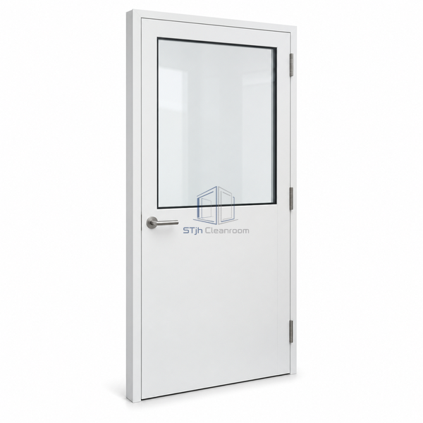STjh aluminum-honeycomb steel cleanroom door on a white background, with broad upper glazing and an opaque lower panel.