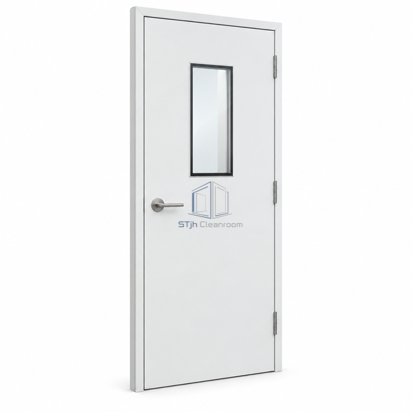 STjh paper-honeycomb steel cleanroom door shown on white with a compact rectangular window and single hinged leaf.