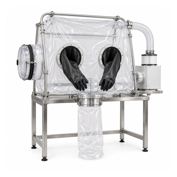 STjh two-glove flexible powder dispensing isolator with a continuous-liner discharge