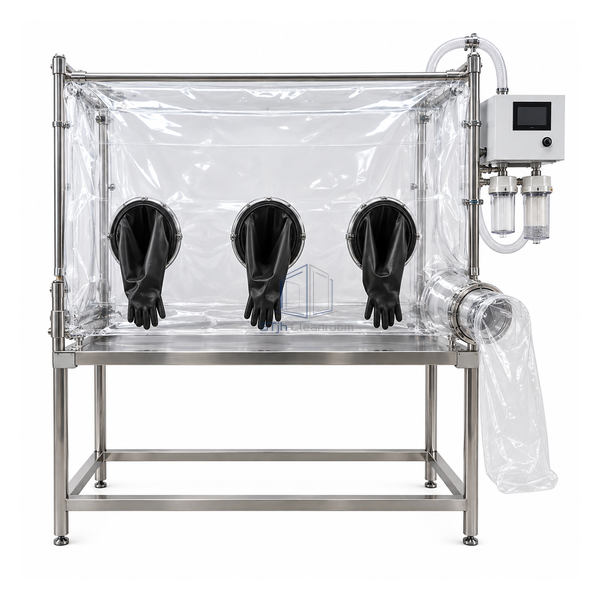 STjh three-glove powder dispensing enclosure with flexible clear walls and an exhaust module