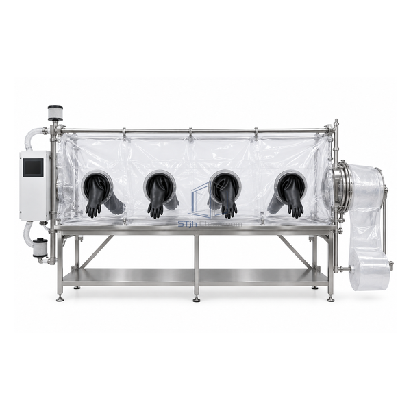 STjh four-glove flexible powder dispensing isolator with an extended frame and liner outlet