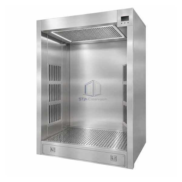 STjh narrow 3 ft stainless protective-suit de-dusting booth with open front, ceiling diffuser and return floor
