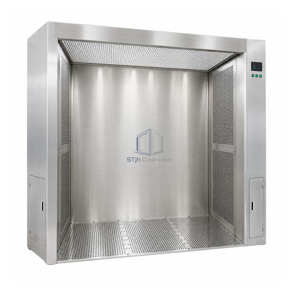 STjh medium-width 4 ft stainless de-dusting booth with side suction panels and twin filter service doors