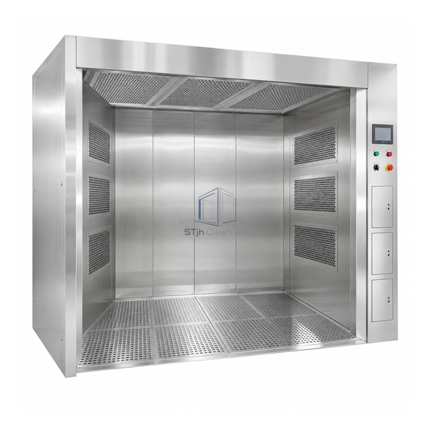 STjh extra-wide 6 ft stainless de-dusting booth with segmented ceiling supply and full perforated return floor