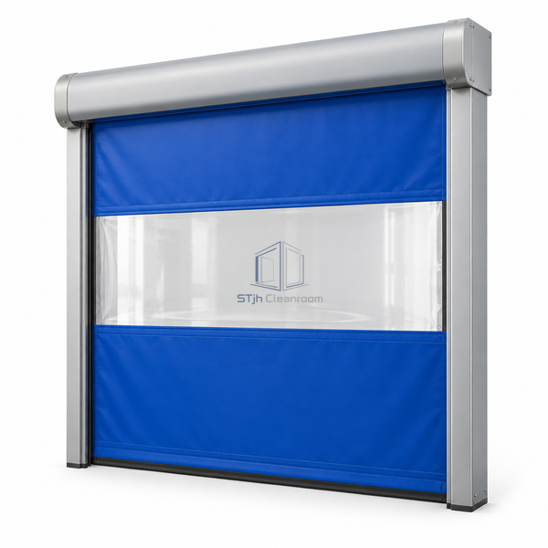 STjh permanent-tension PVC rapid door on white with a taut curtain, broad transparent viewing panel and compact frame.