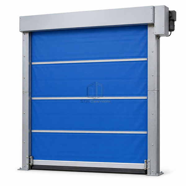 STjh windbar-reinforced PVC rapid door on white with horizontal curtain bars, heavy side columns and an aluminum breakaway bottom bar.