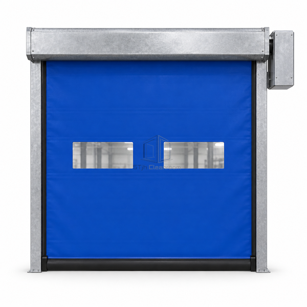 STjh zipper self-reset PVC roll door on white with blue fabric, small observation windows and separate metal drum and side-operator covers.