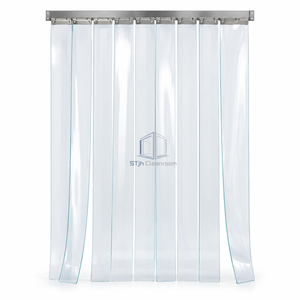 STjh smooth anti-static PVC strip curtain with clear overlapping strips suspended from a metal header on white.