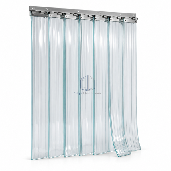STjh double-ribbed PVC strip curtain with visible raised longitudinal ribs and overlapping clear strips on white.