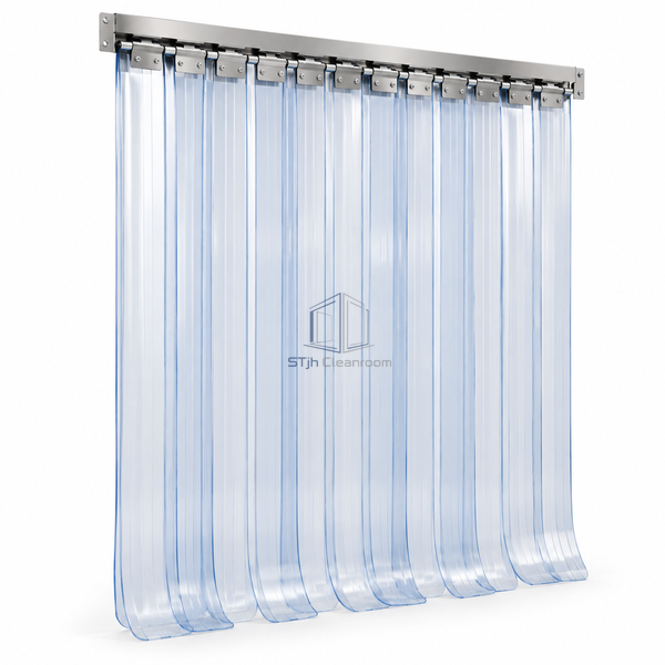 STjh polar-grade ribbed PVC strip curtain with flexible overlapping transparent lengths on a white background.