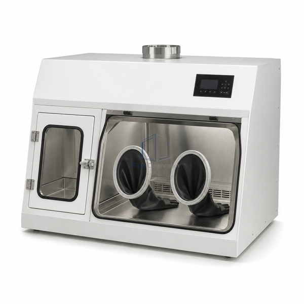 STjh 1200 mm negative-pressure closed RABS with a top exhaust connection and separate transfer chamber on white