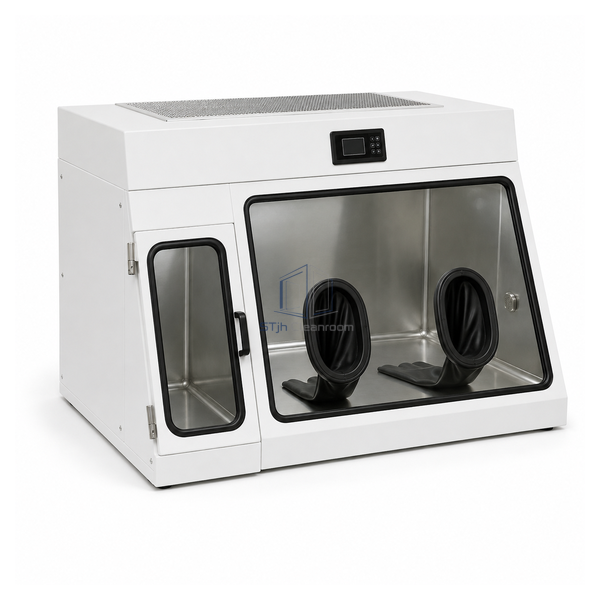 STjh 1200 mm positive-pressure closed RABS with two oval glove ports and a left transfer door on white