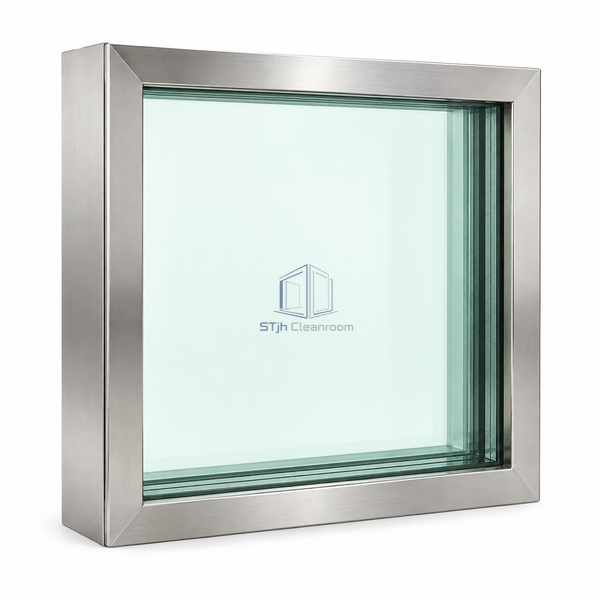 STjh undivided lead-glass observation window on white, showing a compact stainless surround and a continuous pale green viewing pane without crossbars.