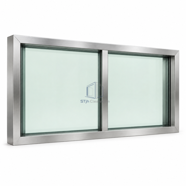 STjh wide 316 stainless lead-glass window on white, with a central vertical mullion separating two side-by-side pale green viewing sections.