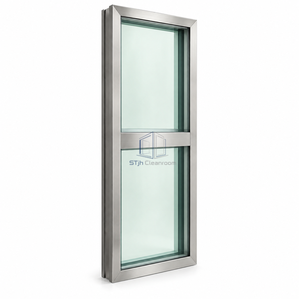 STjh tall 316 stainless lead-glass window on white, with a horizontal transom between upper and lower pale green glazing sections.
