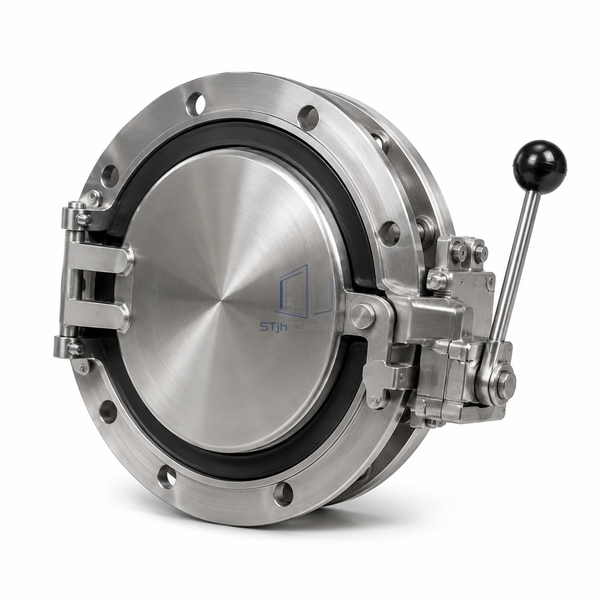 STjh 190 mm rapid transfer port with an external operating lever and circular sealed door on white