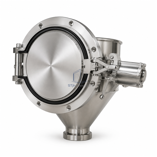 STjh 190 mm rapid transfer port with an integrated discharge funnel and narrow outlet on white