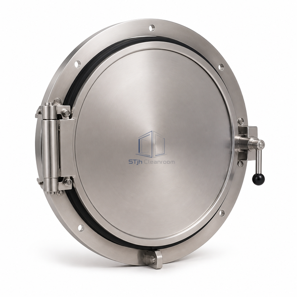 STjh 460 mm large rapid transfer port showing its broad circular door and compact side handle on white