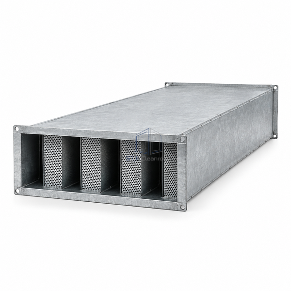 STJH-RECTANGULAR-DUCT-SILENCER-400X200X1000 long shallow casing and internal baffles on white