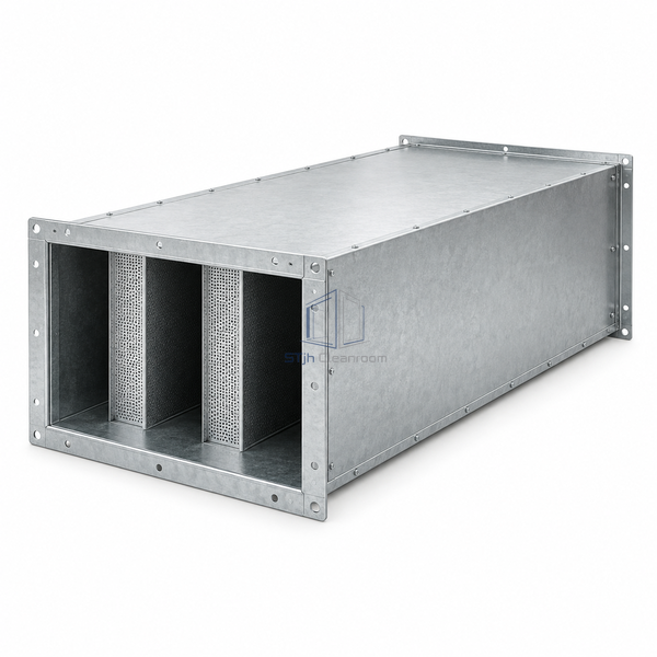 STJH-RECTANGULAR-DUCT-SILENCER-600X300X1000 medium rectangular airway and acoustic splitter faces on white