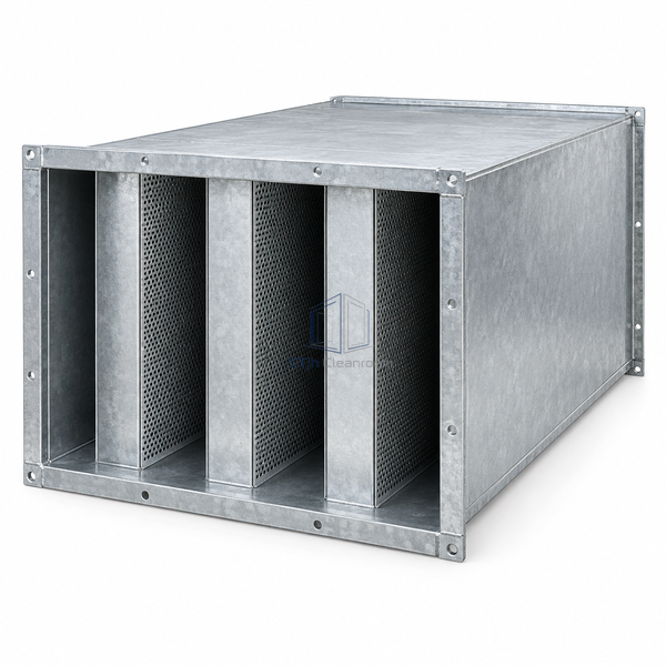 STJH-RECTANGULAR-DUCT-SILENCER-800X500X1000 broad trunk casing with multiple internal baffles on white