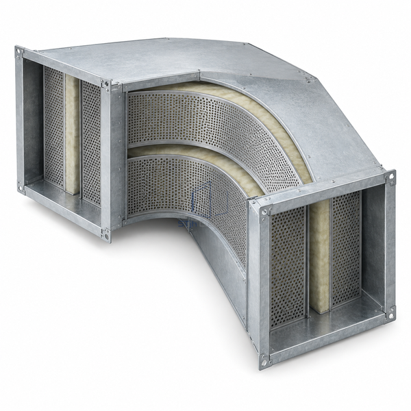 STJH-RECTANGULAR-ELBOW-SILENCER-90D-DISSIPATIVE right-angle casing and perforated turning splitters on white