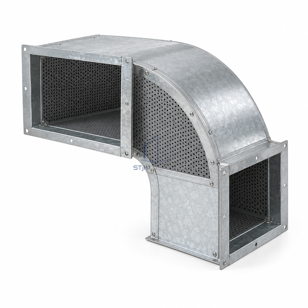 STJH-RECTANGULAR-ELBOW-SILENCER-90FL-FILM with film-protected perforated acoustic baffles on white