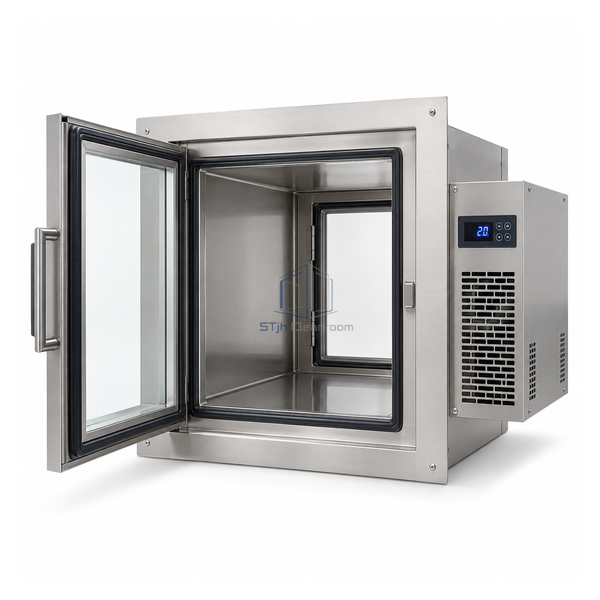 STjh compact 24 inch refrigerated stainless pass box with insulated glass door and side cooling module