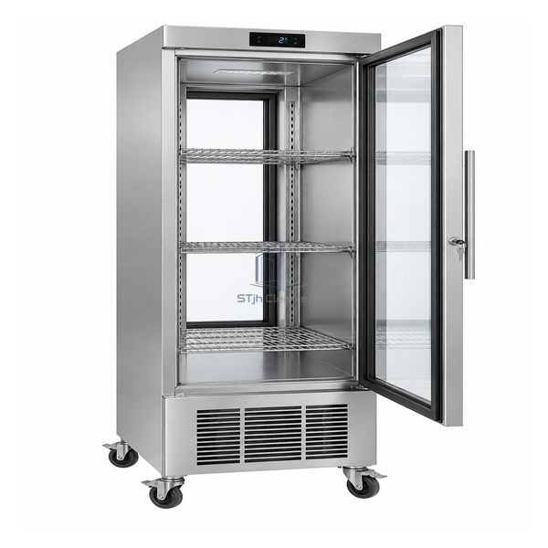 STjh 25 cubic foot pass-through refrigerator with one front glass door, three shelves and locking casters