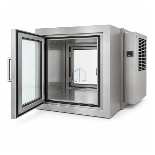 STjh medium 30 inch refrigerated stainless pass box with broad insulated door and condenser grille