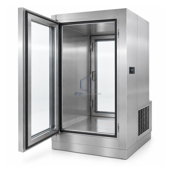 STjh tall 36 by 36 by 48 inch floor-flush refrigerated pass box with large cooling module and insulated door