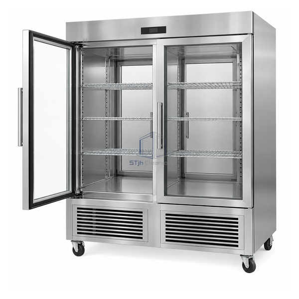 STjh 50 cubic foot double-bay pass-through refrigerator with two front glass doors and six shelves