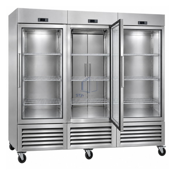 STjh 80 cubic foot three-bay pass-through refrigerator with three front glass doors and nine shelves