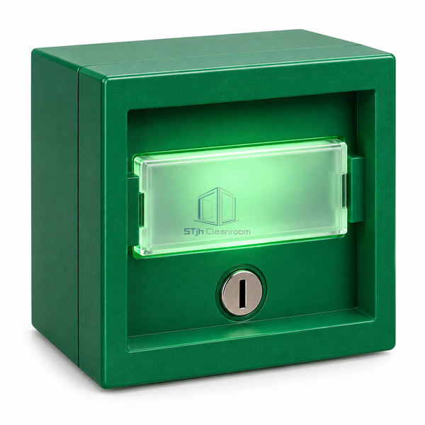 STjh illuminated green triple-pole door release with a translucent front element and deep surface box on white.