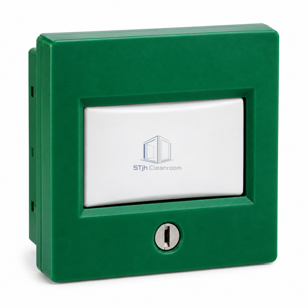 STjh green indoor DPCO emergency release with a square recessed operating element on a white background.