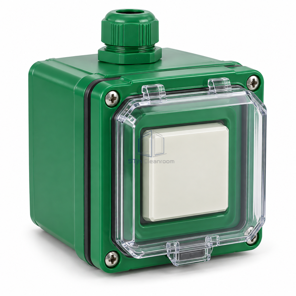 STjh green IP67 door release showing its deep sealed casing and covered front element against a white background.