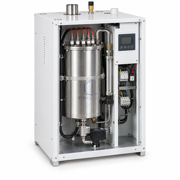STjh 30 kg/h resistive steam humidifier with an enlarged boiling vessel and multiple heating connections on white.