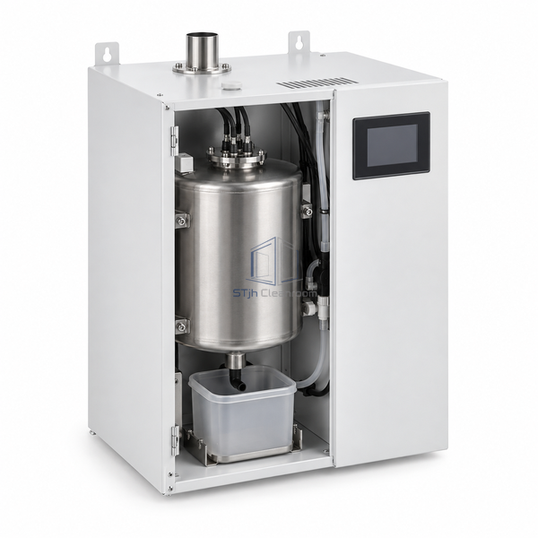 STjh 5 kg/h resistive steam humidifier with a compact boiling vessel and scale collection cup on white.