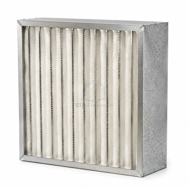 STJH-RIGID-BOX-AIR-FILTER-MERV11-150 galvanized box filter with separated vertical media folds on white